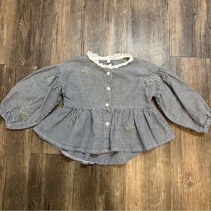 Girls Blue White Stripes Button Up Embroidered Long Sleeves Peplum Blouse Top 3